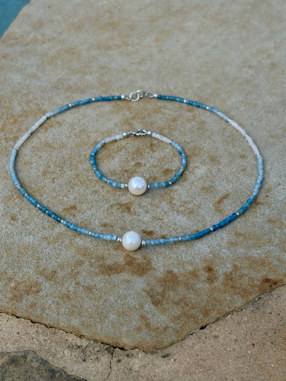 “Ocean Light” Handmade Aquamarine & Pearl Necklace Bracelet Set
